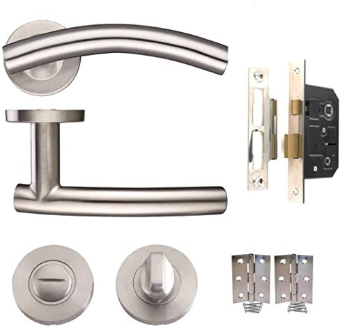Golden Grace Arched T-Bar Bathroom Door Handles Lever on Round Rose in Satin Nickel Finish with 1 Pair of 3 Butt Hinges