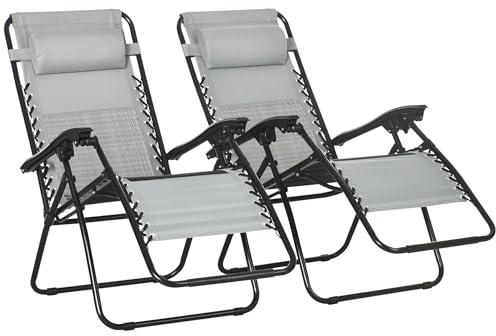 Outsunny Garden Recliner Chairs Set of 2, Outdoor Foldable Zero Gravity Chairs Set w/Footstool and Detachable Headrest, Grey