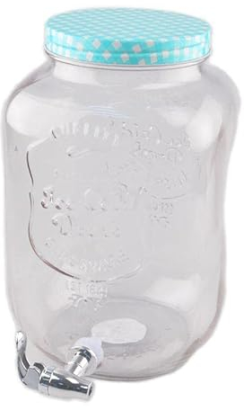 YöL Large Glass Drinks Dispenser 8L Party BBQ Outdoor Style with Tap and Teal Blue Lid Easy Filling Wide Mouth Summer Cocktail Juice Water Carafe Jug