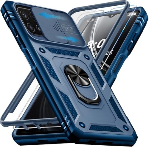 Giyer für Samsung Galaxy A22 5G Hülle mit Displayschutzfolie, Handyhülle A22 mit Kameraschutz Kartenschlitz 360° Metall Ring Ständer Stoßfest Bumper Schutzhülle Samsung A22 6.6 Case Cover (Blau)