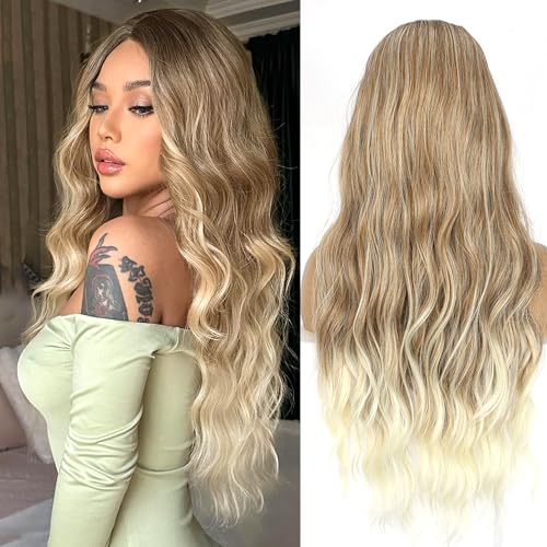 PORSMEER Perücke Damen Ombre Blond Lang locken Gewellt Natürliche Kunsthaar Wig mit Mittelscheitel für Frauen/Mädchen Täglich Kostüm Fasching Cosplay Party Wig