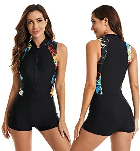 BEACHKINI Costume da Bagno Intero per Donne Costume da Bagno Senza Maniche con Zip Frontale,52 Nero,M