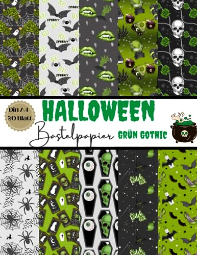Halloween Bastelpapier Grün Gothic: Scrapbooking Papier Halloween | Din A4 mit 20 doppelseitige Seiten I Ideal für Collagen, Basteln, ... Deko | Gruselige Muster Halloween zeit