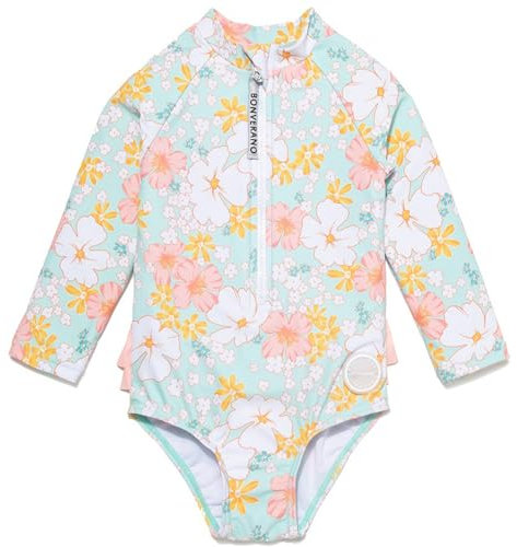 BONVERANO Traje baño bebé protección Solar UPF 50+ Cierre Cremallera con Volantes (Flor 2, 18-24 Meses)