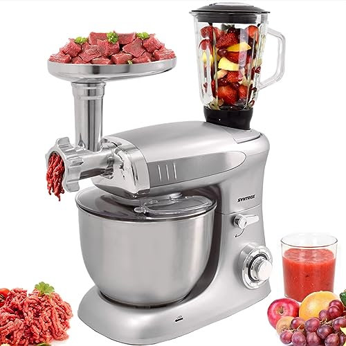Syntrox Küchenmaschine Deluxe Fleischwolf & Mixer, Rührmaschine mit Zubehör, Vielseitige Kochhilfe, Mixer und Fleischwolf in einem, 1300 Watt, 230 Volt (Silber)