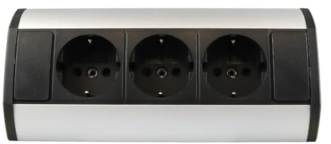 kalb | Prise de courant triple sous plan/en saillie, prise d'angle, boîtier en aluminium avec 100cm de câble et prise de courant de sécurité, argent