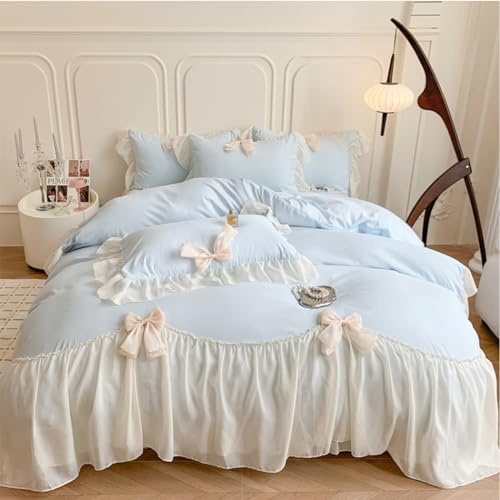 SOUKECHY Chic Lace Bettwäsche, ästhetisches Bettwäsche-Set für Mädchen, romantischer französischer Prinzessinnen-Stil, gerüschter Bettbezug mit schöner Schleife mit Reißverschluss, Blau, Doppelbett