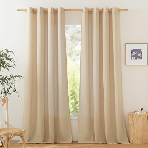 PONY DANCE Boho Vorhänge Leinen Gardinen Wohnzimmer Ösenschal 2er Set H 245 x B 140 cm Leinenoptik Gardinen Halbtransparent Linen Curtains for Living Room Leinenvorhang Kamelhaarfarbe
