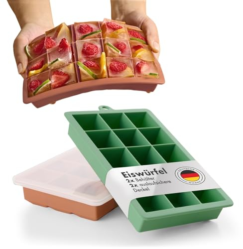 Blumtal Eiswürfelformen Silikon 2x15er - Eiswürfelform mit Deckel - Silikon Eiswürfelform für Eiswürfel 3,3 cm - 2 x Eiswürfelbehälter groß - BPA freie Eiswürfelform 2x - Olive Green und Mineral Red