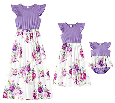 IFFEI Kleid mädchen Kleider für mädchen Kleider Damen Gepunktetes Kleid Rüschenärmel Sommerkleid Familie Passende Outfits Lila 2Y