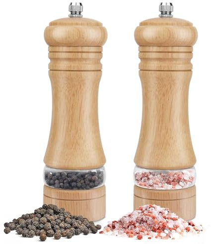 Salz und Pfeffermühle 2er Set aus Holz - Manuelle Pfeffer und Salzmühle mit Acrylfenster - Groß Gewürzmühle Grinder mit Verstellbarem Keramikmahlwerk (16,5cm) - Salz Pfefferstreuer für Meersalz, Chili