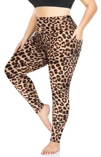 TNNZEET Leggings Damen High Waist mit Taschen Sporthose Blickdicht Sportleggins Lang Weiche Yogahose Elastische Hosen Sport Gym Laufhose(Leopard,4XL)