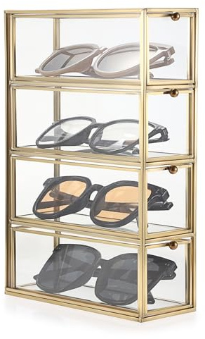 Hipiwe Sunglasses Organizer Box with 4 Drawers, Glass Eyeglass Display Case