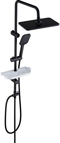 Florenta Colonne de Douche Pluie sans Robinet, Ensemble Douche avec Barre Douche Acier Inox, Étagère Douche ABS, Pommeau & Douchette Main Noir mat (3020MB+AB).