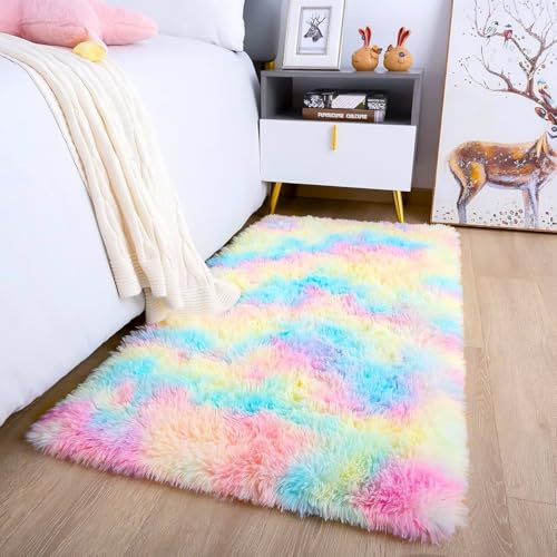 Oxford Homeware Rugs Living Room Small 50x80 cm – Fluffy Shaggy Rainbow Area Rugs for Bedroom, Lounge – Super Soft Non Slip Rug Washable Modern Floor Carpets Bedside Rug for Kids Room