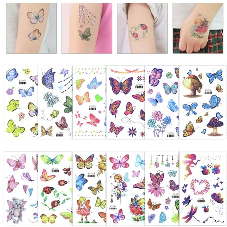 12 Pcs Tatuaggi Temporanei Bambini,Tattoo Bambini,Adesivi Tatuaggi Set,Set per Cartoni Animati,Idee Regalo,Stickers Giocattolo,per Fine Festa Compleanno, Accessori Gadget Party (Farfalla)