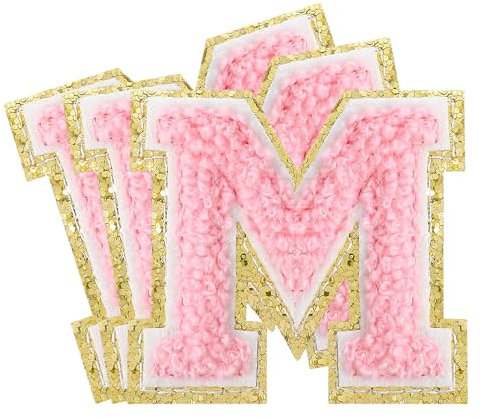 3Pcs Chenille Iron On Letter Patches 2 Inch Pink Glitter Varsity Letter Patches Embroidered Patch Gold Border Sew On Patches for DIY Backpacks Clothes Hats Shoes (M)