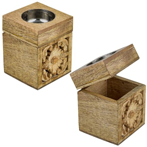2er Set Boho Holz-Kerzenleuchter Lounis aus Mangoholz in Braun 10 cm