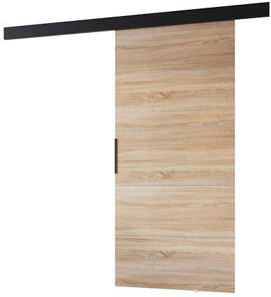 MINIO go for it - Schiebetüren 76 cm, Schiebetür Zimmertür PRIM B, Schiebetürsystem für Zimmer, Dekorative Streifen, Wandmontage, Türe Innen - Silber/Schwarzer Griff, Sonoma Eiche/Schwarz