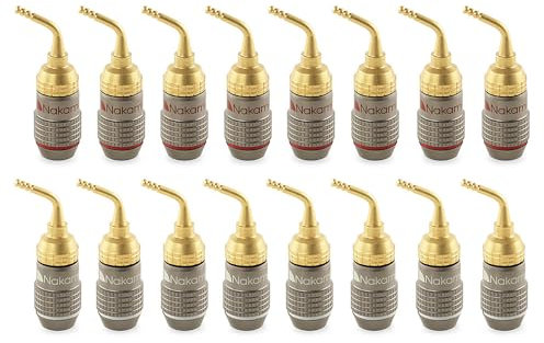 Nakamichi FanLock Excel-Serie 24 Karat vergoldeter Bananenstecker pin stecker 2mm, 10 AWG – 18 AWG, 4mm Dicke für Lautsprecherverstärker, Hi-Fi Audiokabel Schnellanschluss, 16 Stück (8-Paare)