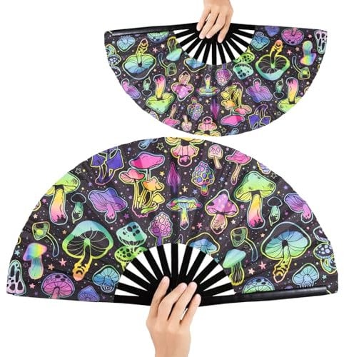 Zynewa Pack of 2 Hand Fans, UV Glow, Large Bamboo Folding Fan, Chinese Decorative Sauna Fan, Wedding Clack Hand Fan, Mushroom Motif, Foldable LED Fan, Handheld Folding Fan for Rave