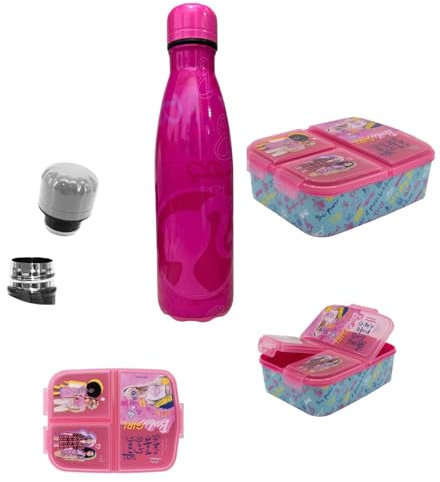 PELLECCHIA 1969 | Set Pranzo Scuola 2 Pezzi | Porta Merenda Scuola con 3 scomparti in Plastica BPA Free e Bottiglia termica in acciaio inossidabile con tappo svitabile 500m per (BARBIE FUCSIA 25)