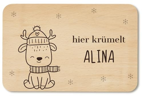 Frühstücksbrettchen Weihnachten mit Wunschgravur - personalisierte Geschenke Kinder - Brettchen Kinder - Geschenkidee Weihnachten - Brettchen Holz (Rentier)