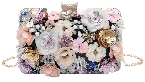 lapulio Blumen-Abendtasche für Damen – Perlen-Clutch mit Pailletten & Strass, elegante Handtasche für Hochzeit und Party mit Ketten