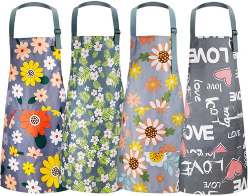 Tczecoo 4 Stück Blumenschürzen mit Tasche, Küchenschürze Damen, Wasserdichte Schürzen,Verstellbare Kochschürzen für Küche Kochen Gartenarbeit Backen Salon