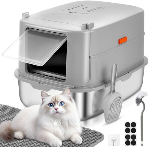 Papettly Arenero Cerrado para Gatos Grande XXL con Tapa, Bandeja de Acero Inoxidable con Bordes Altos, Incl Alfombrilla/Pala/Cepillo, Fácil Limpieza Desmontable