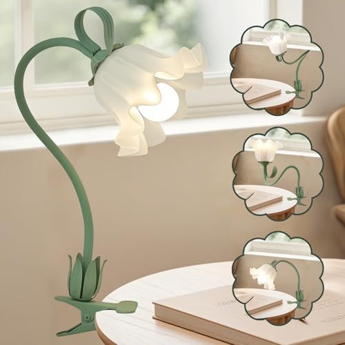 WLHONG Blume Tischlampe,Leselampe Bett,Vintage grüne LED klemmlampe bett,3 Farbmodi,Leselampe kinder mit 360° Flexibel Schwanenhal,Geeignet für Schlafzimmer,Wohnzimmer,Büro,Wohnkultur