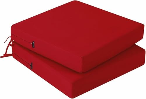 PRIMEPATIO Outdoor Chair Seat Cushions Set of 2, Thick 7cm, Rattan Garden Waterproof Cushions for Outdoor Furniture with Ties, Patio Dining Chair Pads, 45 x 45cm, Red