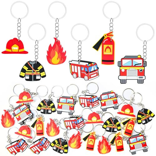 CONJURAIDE Lot de 24 porte-clés pompiers - Porte-clés - Pendentif - Accessoires de pompier - Camion de pompier - Casque - Veste - Porte-clés - Cadeaux pour pompiers - Enfants