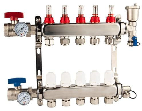 Collecteur de chauffage au sol en acier inoxydable à 4 branches, ensemble de collecteur de chauffage au sol PEX à 5 canaux de 1/2 po, vanne de température de dérivation avec sorties compatibles, pou