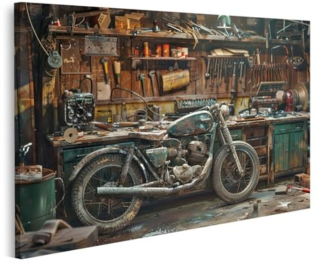 islandburner Bild auf Leinwand Alte Motorrad in einer Werkstatt voller Werkzeuge für Garage Motorrad-Enthusiasten Werkstatt Bilder Wandbilder Poster