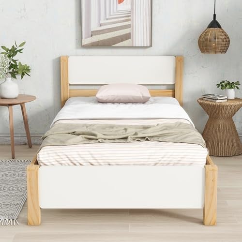 Merax Einzelbett Holz, 90x200 cm, Kiefernholz Bettgestell mit Mittelfuß, Weiß & Natur – Stabiles Holzbett mit Lattenrost, Kopf- & Fußteil, Ideal für Kinder, Jugendliche & Erwachsene