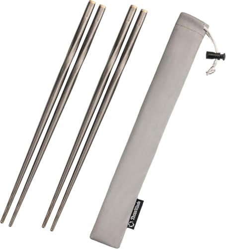 Thous Winds Essstäbchen Wiederverwendbar, 2 Paare Essstäbchen Titan Camping, Premium Metall Ess Stäbchen Spülmaschinenfest, Leichtgewicht Rutschfest Legierung Stäbchen mit Stasche