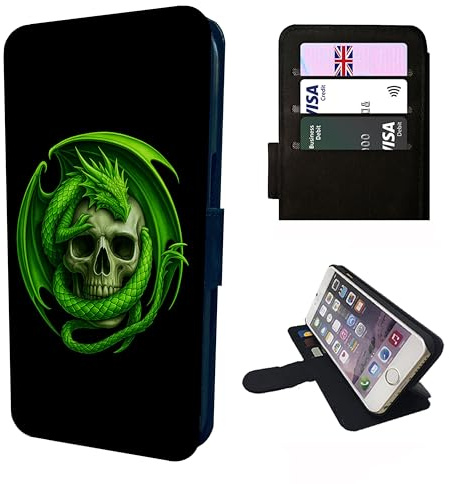Dragon Wallet Phone Case Flip Cover Compatible with iPhone SE 7 8 X XR 11 12 13 14 15 16 16E Plus Mini Pro Max – Mystical Green Dragon, Faux Leather Fantasy Case with Card Slots, Shockproof Cover