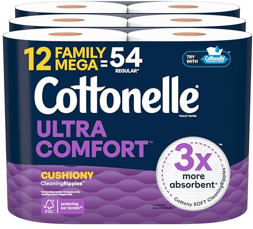 Cottonelle Ultra Comfort Toilet Paper with Cushiony CleaningRipples Texture, 12 Family Mega Rolls = 54 Regular Rolls