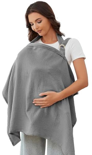 Cotton Nursing Cover Grey, Soft & Breathable Double-Sided Breastfeeding Cover for Mum, 360° Privacy Shield Baby Breast Feeding Covers