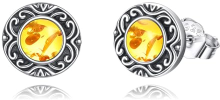 YFN Bernstein Ohrstecker Damen 925 Sterling Silber Lapis Lazuli Ohrringe Stecker Runde Ohrstecker Mit Bernstein Stein Kleine Bernsteinstein Schmuck Gelb Geschenke für Damen Mädchen