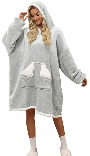 Glamnest Oversized Hoodie Blanket， Sherpa Wearable Blankets with Pocket & Sleeves, Warm Fleece Wearable Hooded Sweatshirt for Women Men One Size Light Grey