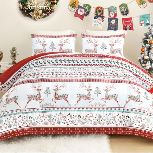 Exclusivo Mezcla Weihnachts-Bettdecke ohne Bezug, Warme und Weiche Schlafdecke Steppdecke mit 2 Kissenbezügen, Rot gestreiftes Design mit Blumen und Rentieren, 220 x 230 cm