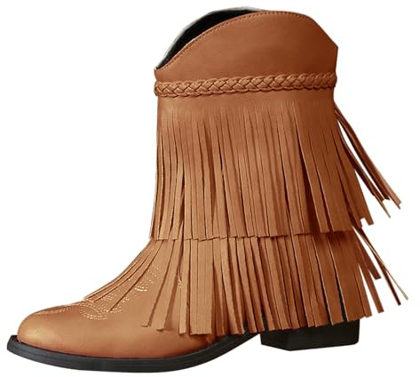 Stivaletti da donna con plateau invernali, medievali, con tacco alla caviglia, impermeabili, retrò, comodi e classici, in pelle, eleganti stivali da donna con frange, marrone, 38 EU
