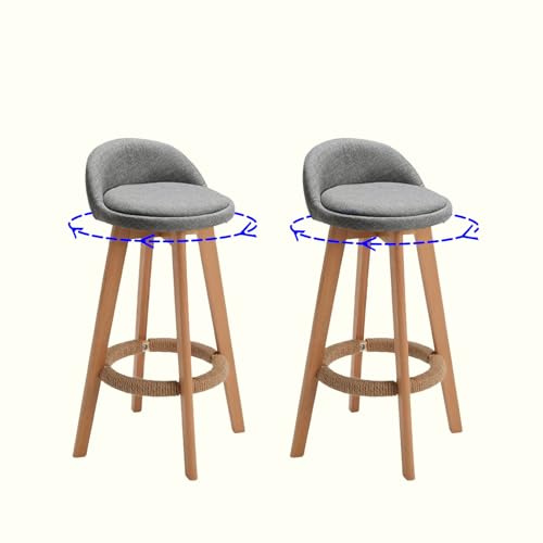 SCGSJZH Drehbare Barhocker 2er-Set Barstuhl mit Lehne stylischer Tresenhocker Gepolsterte Sitzfläche,Küchenstuhl, Grauer Stoffbezug, Holzbeine (63cm)