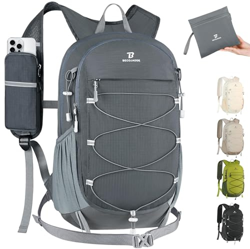 BECOJADDE 20L Kleiner Wanderrucksack Tagesrucksack Herren Damen Leichter Faltbarer Rucksack mit Brustgurt und Rückenbelüftung für Wandern Daypack Travel Rad und Ausflug, Grau