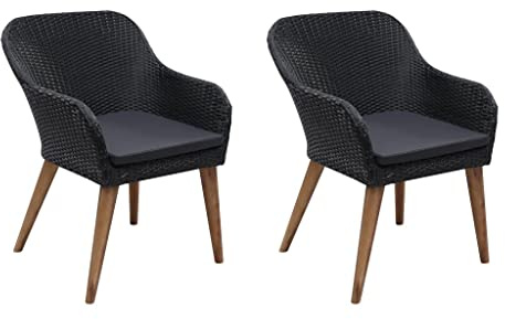Refined Akazie Stuhl Sessel Essstuhl Gartensessel mit Armlehne Gartenstühle mit Polstern 2 STK. Poly Rattan Schwarz