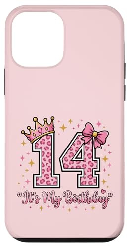 Custodia per iPhone 12 mini Corona con fiocco leopardato rosa per 14° compleanno, per ragazza di 14 anni