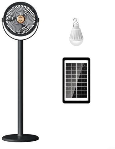 HEIBTENY Tragbarer Solar-Standventilator, 4000 mAh Akku, 5 Geschwindigkeiten, wiederaufladbar, USB, faltbarer Standventilator, 360° vertikale Anpassung, LED-Licht für Camping, Zuhause, Büro, Reisen