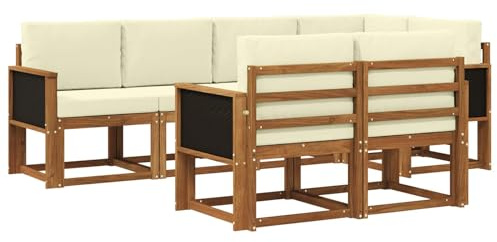 vidaXL Outdoor-Sofagarnitur mit Kissen 7 pcs Natur und Creme Polyester, Stylisches Outdoor-Sofa-Set, Moderne Gartenmöbel, wetterfestes Akazienholz, modulares Sitzen für Terrasse und Lounge